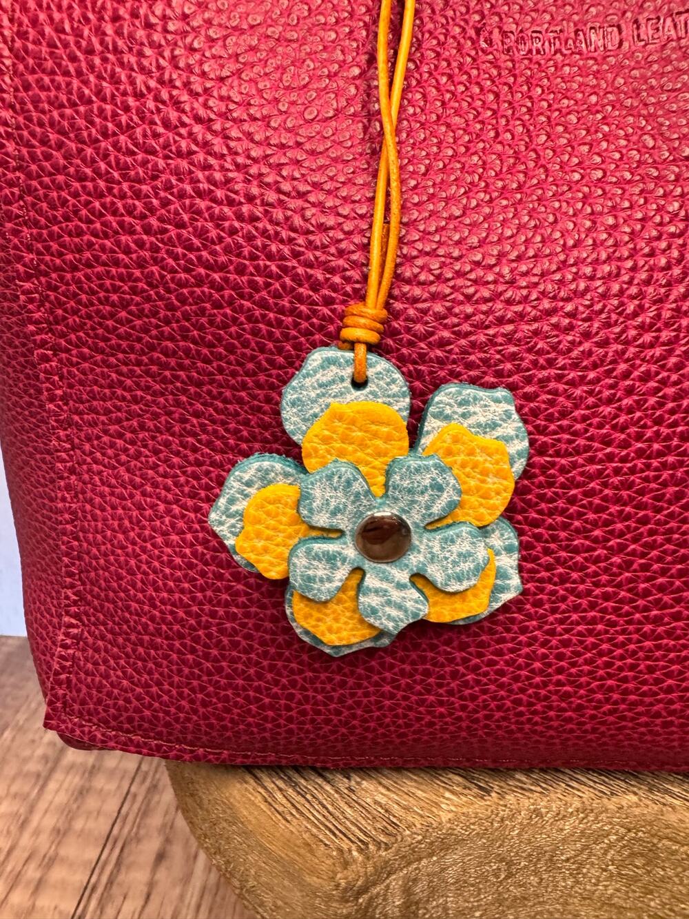 Leather Flower Bag Charm Blue Yellow Blue Flower Purse Charm Genuine Leather